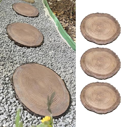Wrobelax Wood Effect Decorative Stepping Stone for Garden Pathway, Rustic Log Texture Paving Stones - Outside Dimensional Foot Stone Kit for Flower Bed, Round Design(Color:3 Pack)