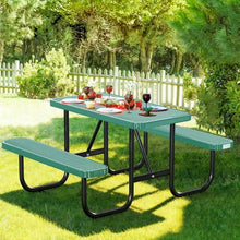 Heavy Duty Picnic Table with Umbrella Hole, Expanded Meta Outdoor Metal Patio Dining Table & Outdoor Bench Set, Steel Mesh Dining Furniture for Garden, Lawn, Patio (4FT Rectangular Table/ Green)