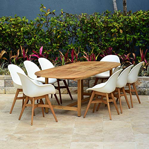 Amazonia Lothian 7-Piece Oval Patio Dining Set Durable Teak Wood Extendable White Chairs