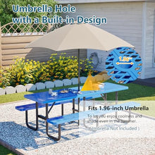 INZOKK 96" Heavy Duty Metal Picnic Table for Outdoor Dining with Umbrella Hole, Galvanized Steel Rustproof Frame, Mesh Top for Garden, Patio, Camping & Picnic, Blue