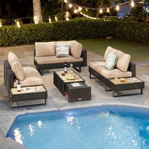 Finca ancha Boho Patio Furniture Set with Small Outdoor Table, Patio Bar Set w/Sillas para Balcon, Sillas para Patio Exterior, Adjustable Backrest, Ice Bucket Table, All-Weather Wicker (Khaki+Brown)