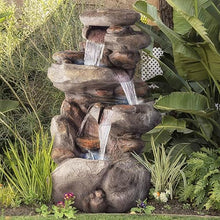 Alpine Corporation | 40" 4-Tier Rock Floor Fountain with Cascading Water & White LED Lights, Tranquil Outdoor Water Feature for Garden, Patio, Yard & Deck, Light Gray