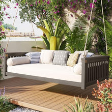 Merax Patio Twin Size Garden Swing Bed Wood Porch Swing Loveseat Chair with Ropes for Backyard, Safe Sloped Design