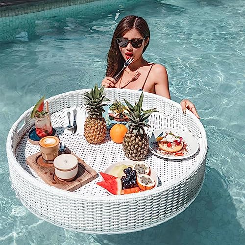 Round Perforated Water Floating Breakfast Tray, Large-Capacity Rattan Dinner Plate, Home Pool Villa Fruit Basket, Outdoor Party Photo,White,80CM