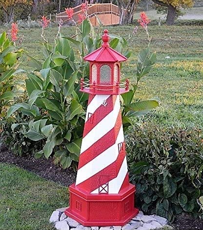 Backyard Crafts Amish-Made White Shoal, MI Replica Lighthouse with Base and Solar-Powered LED Lighting, 44" Tall