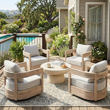 Christopher Knight Home Telluride Outdoor Swivel Club Chair Set with 27.5 Inch Round MGO Coffee Table, 4 Acacia Wood Patio Chairs with Beige Cushions and Black Base Outdoor Furniture Set, Light White