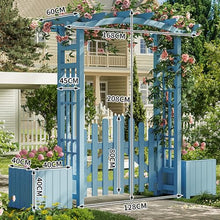 Garden Arbor with Planter Boxes & Double Gate, Blue Wooden Outdoor Wedding Arch for Climbing Plants Vine Vegetables Herbs, Climbing Plant Trellis Pergola, for Backyard Patio