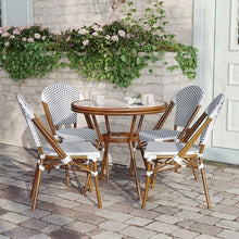 Flash Furniture Lourdes Indoor/Outdoor Commercial French Bistro Set - Tempered Glass Top Table - 4 Chairs - PE Rattan - NAT Bamboo Print Aluminum Frame - White/Navy