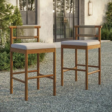 Modway Eleni Set of 2 Outdoor Teak Wood Bar Stools with Rope Backrests in Natural Sail - Patio Bar Chairs with Sunproof Foam Cushions