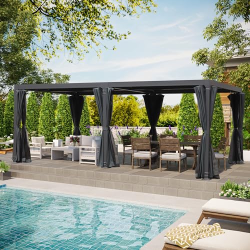 LATTOY Louvered Pergola 10x12 Aluminum with Adjustable Roof and Waterproof Curtains Black 10x20 FT