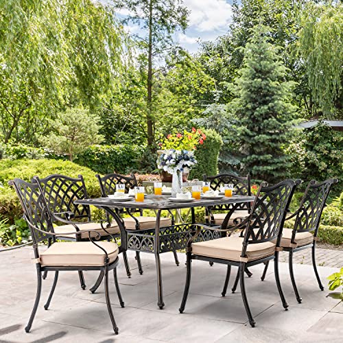 Ailismail 7-Piece Outdoor Dining Set Cast Aluminum Retro Patio Dining Set for 6 with 59” Table, 6 Chairs, Thicker Cushion, and Umbrella Hole Bronze