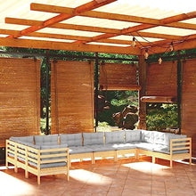 PUGYNBK 10-Piece Grey Solid Pine Wood Garden Lounge Set with 100% Polyester Fabric Cushions for Outdoor Patio and Balcony Modular Seating Furniture