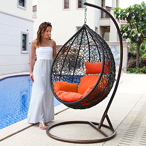 Island Gale Hanging Basket Chair Outdoor Front Porch Furniture with Stand and Cushion (Brown Wicker, Orange Cushion)