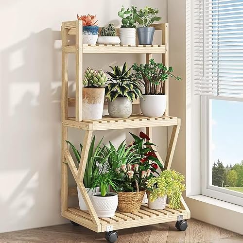 ARTUNV 3 Tier Ladder Plant Stand With Wheels, Wooden Slatted Flower Display Rack, Portable Rolling Storage Shelving For Terrace, Lawn & Home Decor(Size:60cm/24in,Color:Yellow)