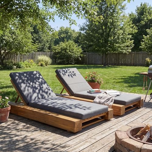 Merax Outdoor Teak Acacia Wood Chaise Lounge Chair Set of 2, Adjustable Backrest Patio Recliner with Grey Water-Resistant Cushion for Poolside, Deck & Backyard