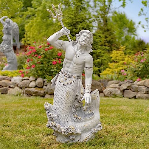 Zaer Ltd. Merman Garden Statue Holding Trident in Antique Bronze/Antique Grey (48" T. Throwing Trident, Antique Grey)