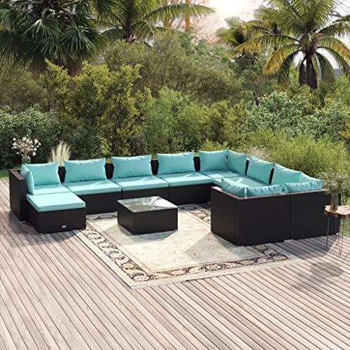 11 Piece Patio Lounge Set with Cushions Poly Rattan ,Lounge Seat,Home Furniture,Afternoon Tea Tables and Chairs,Outdoor Dining Set,Terrace Tables and Chairs,for Yard, Balcony,Bistro,Garden,Black
