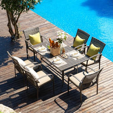 Pamapic 8504 Patio Dining 7 Piece, Outdoor Wicker Furniture Set for Backyard Garden Deck Poolside/Iron Slats Table Top, Removable Cushions, 7 Pack, Beige