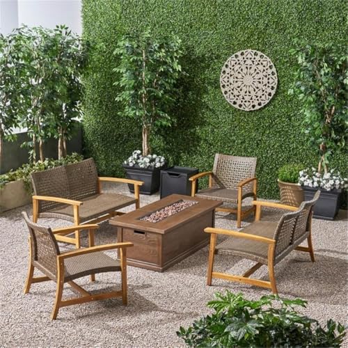 Noble House Breakwater 6-Piece Outdoor Wood/Wicker Loveseat Set Mocha