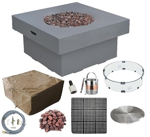 AMS Fireplace | Modeno Branford Package | Light Gray Natural Gas Fire Pit Table for Outside Patio Bundle with Wind Guard & SS Burner Lid | Free Ice Bucket & Rubber Mat
