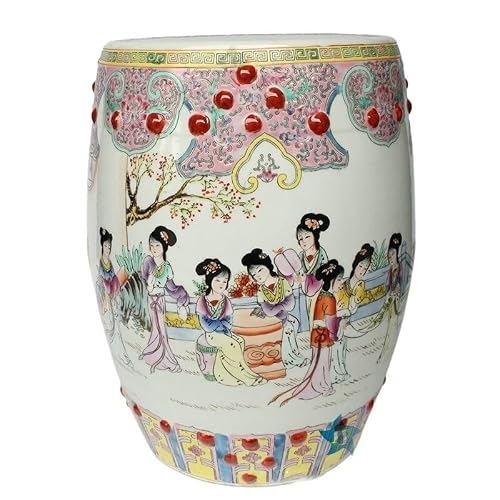 JOYNOW Ceramic Garden Stool Decorative Garden Stools Pastel Hand-Painted Antique Lady-in-Waiting Drum Stool Porcelain Stool Vanity Stool Carving Garden Stool Ceramic