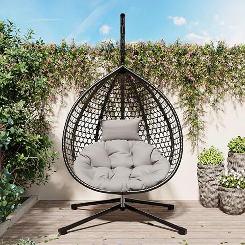 GDFStudio Hammock Chair with Stand, Rattan Weave Hanging Egg Chair with Cushion, Iron Frame Swing Ceiling Chair for Indoor Outdoor Patio Balcony Porch Garden, Patio Furniture, 330lbs, Black+Gray