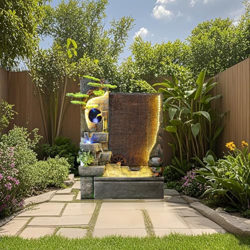 6.43ft Oudoor Rockery Fountain Retro Yard Home Garden Waterfall with LED Lights & Watermill – Indoor/Outdoor Vila Decoration,Landscape Feature,Housewarming (65inches Tall)(77inches Tall)