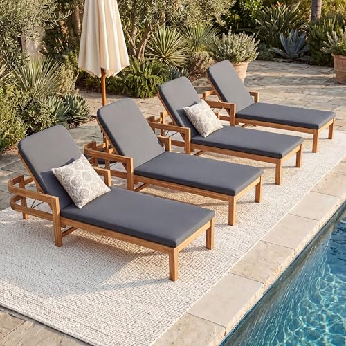Christopher Knight Home 78" Paolo Outdoor Chaise Lounge Chair Set of 4, Acacia Wood Pool Lounge Chairs with Adjustable Backrest & Cushions, Patio Lounge Chairs for Outside Backyard Poolside, Dark Grey