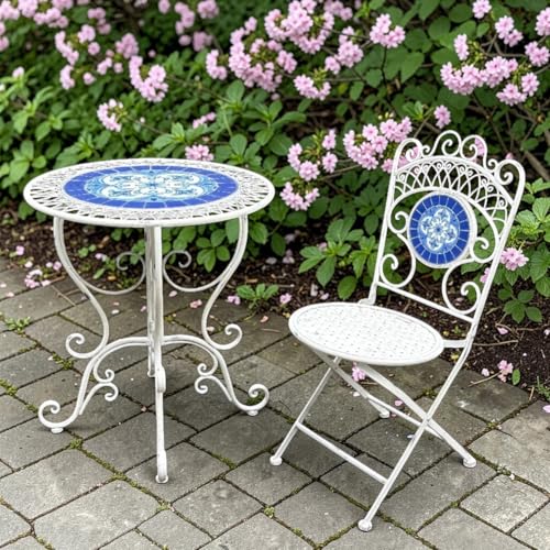 Zaer Ltd. Catalonia Three Piece Mosaic Bistro Set Écusson (White, Ceramic)