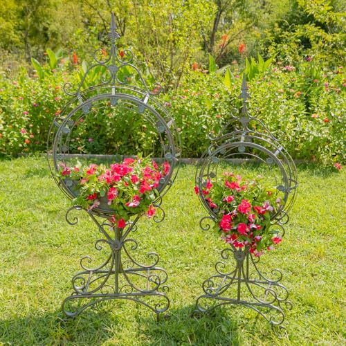 Zaer Ltd. Set of 2 Tall Round Metal Planters with Removable Trays Freestanding Indoor Outdoor Garden Decor (Verdi Green)