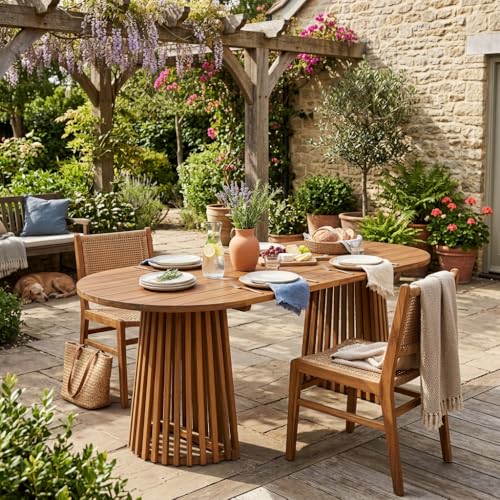 Christopher Knight Home 83" Oval Dining Table with Racetrack Top, Outdoor Acacia Wood Dining Table for 6-8, Large Garden Dining Furniture, Slatted Pedestal Outdoor Furniture, Brown