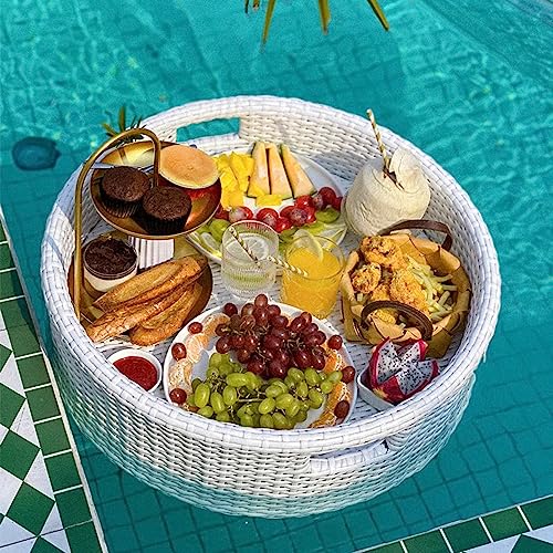 Southeast Asian Style Swimming Pool Tray, Handmade Rattan Dinner Plate, Aluminum Alloy Frame Wine Tray, Suitable for Pool Parties, Weddings,White,80CM
