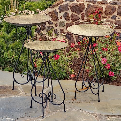 Zaer Ltd. Set of 3 Aged Copper Finish Parisian Birdbaths with Leaves and Butterflies or Birds on Edge (Set/3 with Birds)