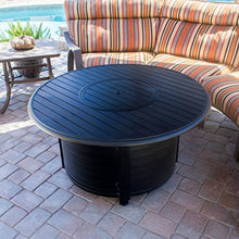 Hiland 48'' Aluminum Round Slatted Top Propane Fire Pit Table with Lid, Clear Fire Glass, Regulator and Hose, 42,000 BTU, Black