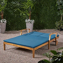 Christopher Knight Home Samantha Double Chaise Lounge for Yard and Patio, Acacia Wood Frame, Teak Finish with Blue Cushions