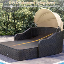 Moccha Outdoor Daybed with Retractable Canopy - PE Rattan Double Chaise Lounge w/ Soft Cushions, Pillows, Ottoman, Outside Sunbed, Wicker Loveseat Sofa, Sectional Conversation Set, Patio Furniture Set