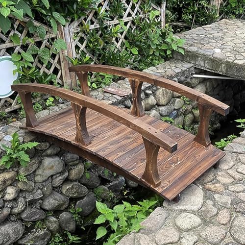 TT-YEL Multifunctional Wooden Garden Bridge, Outdoor Decorative Pond Bridge, Arched Landscape Bridge, Courtyard Patio Walkway with Double-Side Mounted Guardrails, Brown, Carbonized,L180×w80×h48cm