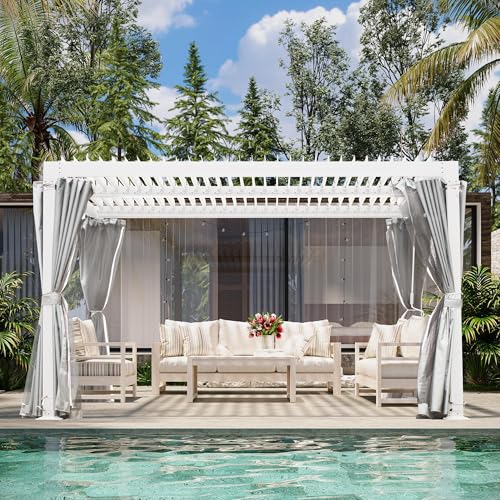 10' × 10' Louvered Pergola, Outdoor Aluminium Canopy with Adjustable Roof Curtains and Netting for Patio, Deck, Garden, Yard, Beach.(White)