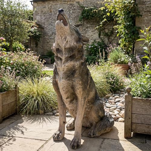HakGak 29.7" Realistic Wolf Garden Statue, Hand-Painted Gray Resin Wildlife Sculpture with Detailed Fur Texture for Outdoor Patio, Yard & Lawn Decor