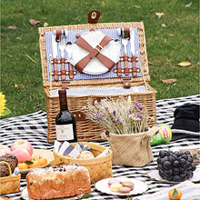YEDECOR Handmade Wicker Picnic Basket for 4 with Insulated Cooler, Willow Hamper Basket Sets with Utensils Cutlery Perfect for Picnic, Camping, Outdoors, Photoshoot, Birthday Gift,Blue
