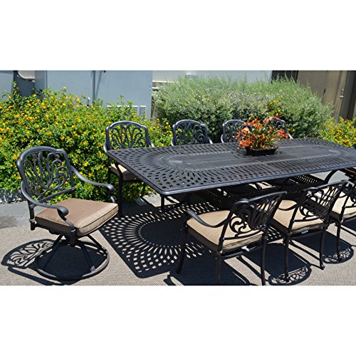 Patio Land Elizabeth Outdoor Cast Aluminum Powder Coated 11-Piece Dining Set with Extendable 132in Rectangular Dining Table (Premium-Linen-Sesame Cushions)