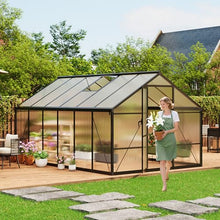 8 x 12 FT Greenhouse, Outdoor Sliding Door, Polycarbonate Greenhouse with Aluminum Frame, Lockable Door and Ajustable Roof Vent for Backyard, Outside Garden Backyard, Patio, Black