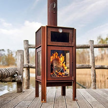 RB73 Quercus Wood Burning Outdoor Fireplace with Oven, 3-Sided Glass, 19”x19x119”, 6mm CorTen Steel, Heat-Resistant Glass, Industrial Design