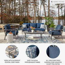 Signature Design by Ashley Gali Casual Nuvella Weather Resistant Fabric Outdoor Sofa/Chairs/Table Set with Cushion and Throw Pillows, Set of 4, Blue & Light Gray