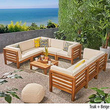 Great Deal Furniture GDFStudio Outdoor Sectional Sofa Set with Coffee Table - 9-Piece 8-Seater - Acacia Wood - Outdoor Cushions - Teak and Beige