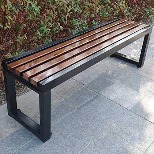 Garden Bench Park Slatted Seats Patio Loveseat, Outdoor Wooden Backless Porch Bench Metal Frame Chair, Lawn Front Porch Path Yard Decor Deck Furniture for 2-3 Person Seat, For Hospital/School/Plaza