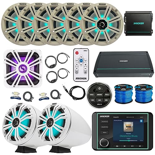 KICKER KMC5 Marine Bluetooth Receiver & 6X 8" Multicolor LED Boat Speakers with Remote
