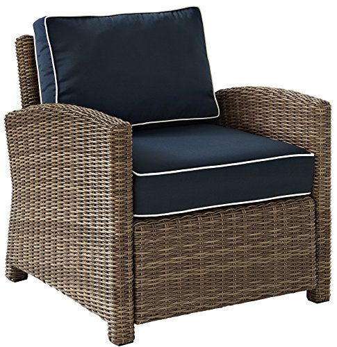 Crosley Furniture Bradenton 3-Piece Outdoor Chair and Side Table Set Brown with Navy Cushions