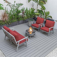 LeisureMod Walbrooke Modern Aluminum 5-Piece Patio Conversation Set with Fire Pit Table Red