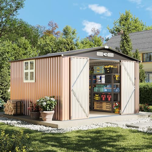 OneBlis 10x10FT Outdoor Storage Shed, Tool Shed with Sloping Roof and Lockable Door, Galvanized Metal Shed for Backyard Garden Patio Lawn, Brown